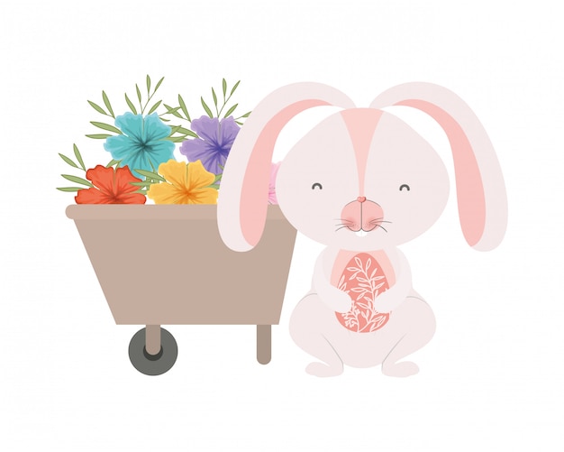 Bunny with wheelbarrow and flowers isolated icon