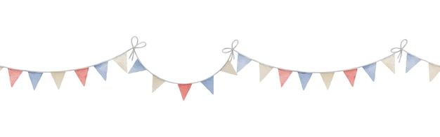 Bunting Flag seamless border Watercolor illustration of triangular garland in pastel colors Pattern with pennants for Baby shower party greeting cards or invitation cards Cute frame with hanging