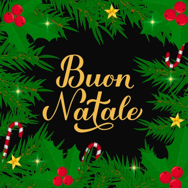 Buon Natale calligraphy hand lettering with fir tree branches Merry Christmas typography poster in Italian Easy to edit vector template for greeting card banner flyer etc