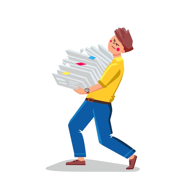 Bureaucracy Paperwork Of Busy Businessman Vector. Business Man Carrying Pile Of Documentation Paper And Doing Bureaucracy Job. Character Administration Job Flat Cartoon Illustration