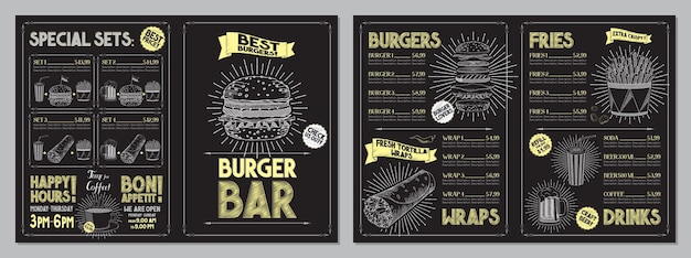 Burger bar menu template with outline food illustrations