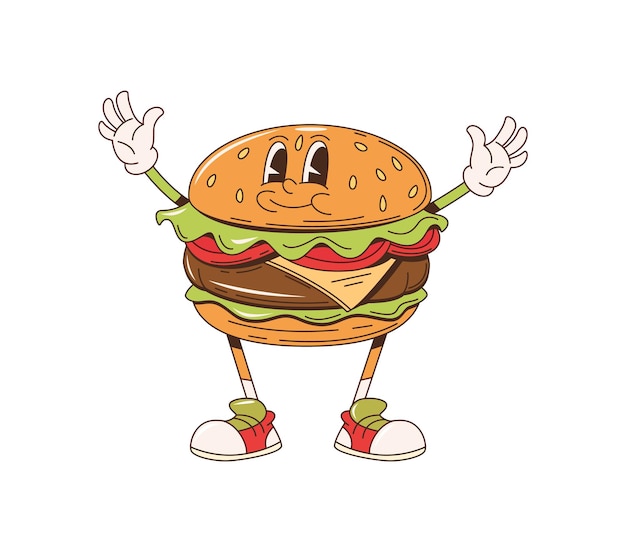 Vector burger bbq barbeque cartoon groovy food character