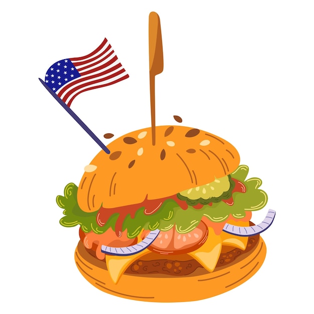 Burger Cartoon American Burger With meat patty Lettuce Tomato And Cheese Delicious fast food Perfect for printing restaurant menus and posters Vector hand drawn illustration