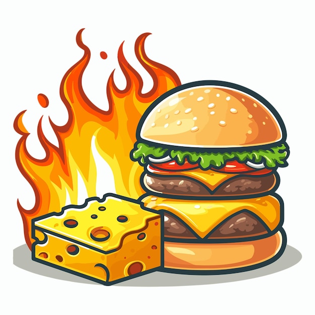 Burger cheese with fire cartoon Style vector illustration