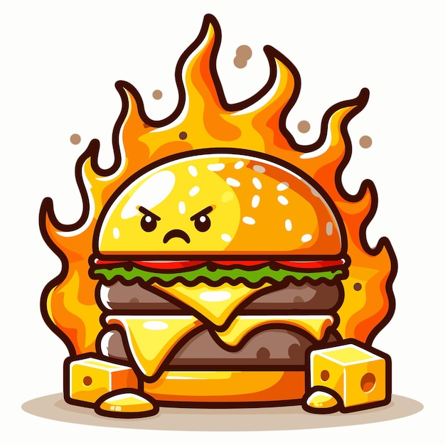 Burger cheese with fire cartoon Style vector illustration