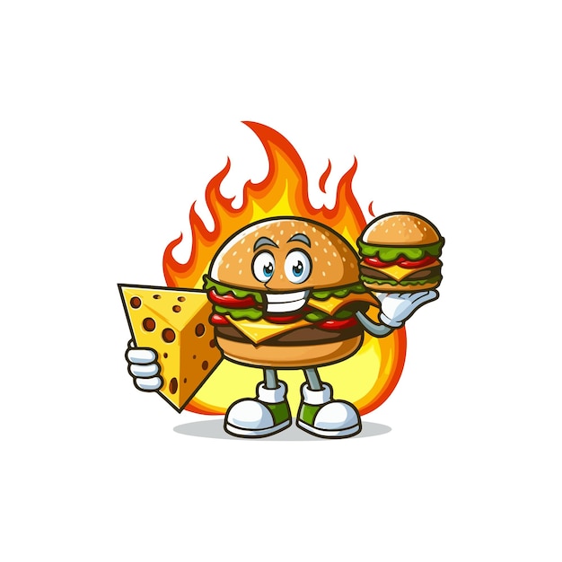 Vector burger cheese with fire cartoon vector icon illustration 1