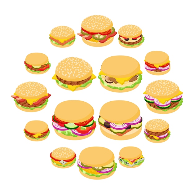 Burger classic icons set, isometric style