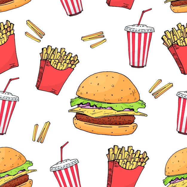 Burger. Cola. potato free. Colorful fast food seamless pattern