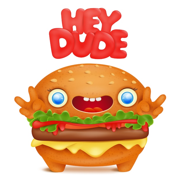 Vector burger emoji cute character with hey dude title.