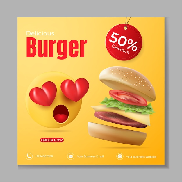 Burger or fast Food social media post template illustration vector with realistic burger