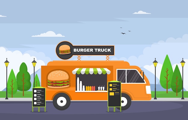 Burger Fast Food Truck Van Car Vehicle Street Shop Illustration