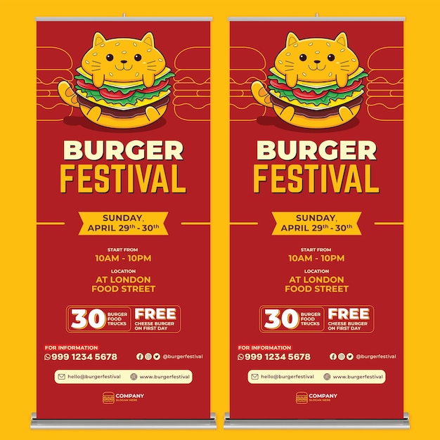 burger festival roll up banner print template in flat design style