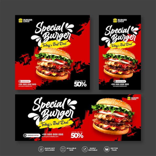 BURGER FOOD MENU DELICIOUS RESTAURANT BANNER BUNDLE SET FOR SOCIAL MEDIA POST AND STORY TEMPLATE VECTOR TEMPLATE