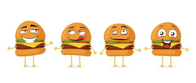 Burger funny smiling cartoon character set hamburger cute happy face mascot collection vector fast