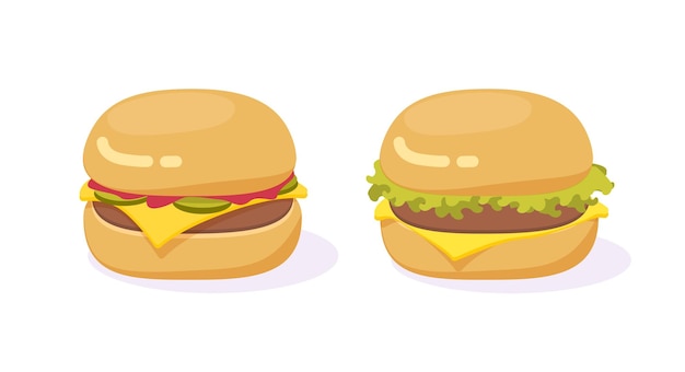 Burger hamburger food isolated design or cheeseburger drawn with salad and beef meat cutlet rissole