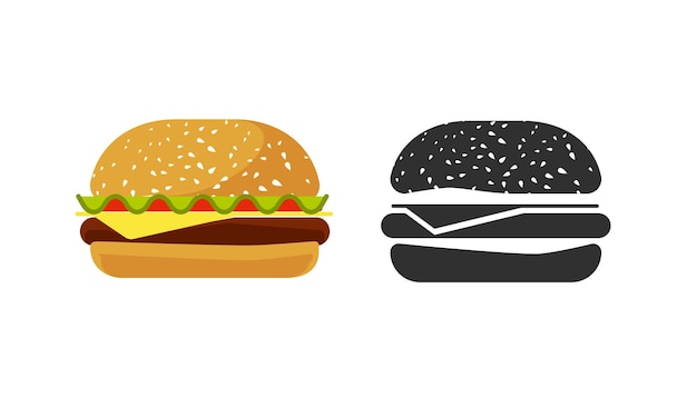 Burger icon flat silhouette or hamburger pictogram graphic illustration black white sandwich