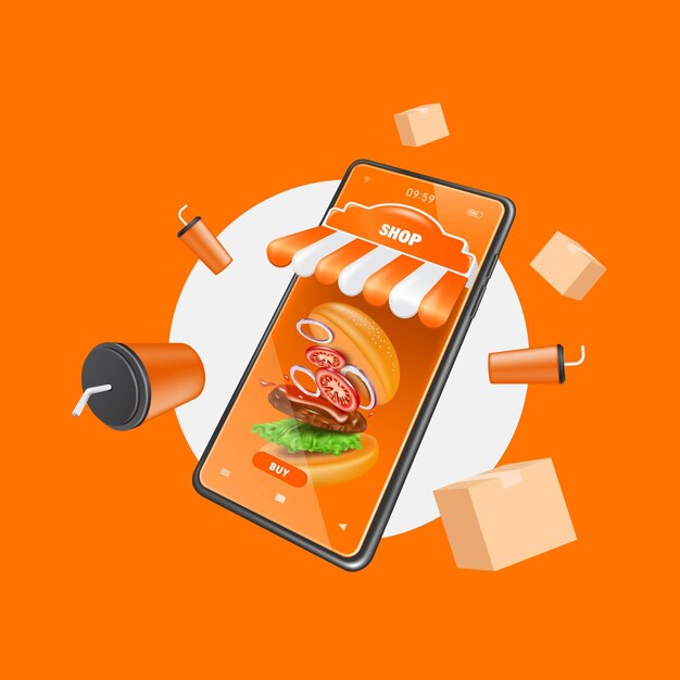 Vector the burger is in the smartphone shop screen and there are food boxes and soda cans floating around and all on an orange backgroundvector 3d isolated for food delivery concept dessign