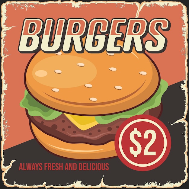 Burger poster with tasty hamburger. Fast food restaurant advertisement poster vector template