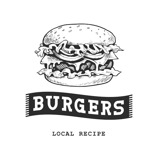 Burger Retro Emblem. Logo template. Black and white burger sketch. EPS10 vector illustration.