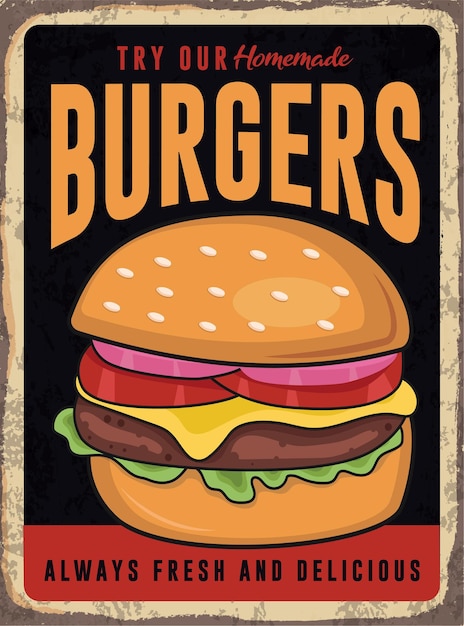 Burger rusty metal plate fastfood advertisment retro poster vector template