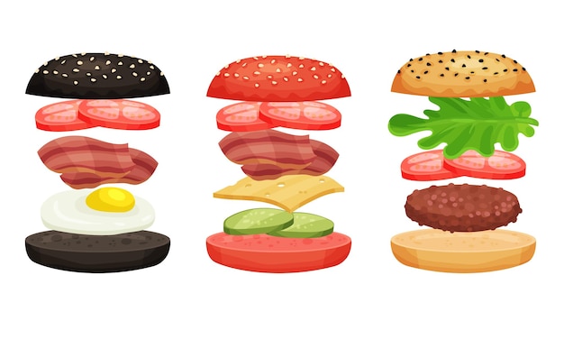 Vector burger and sandwich ingredients isolated vector illustrated collection junk food detailed drawn set