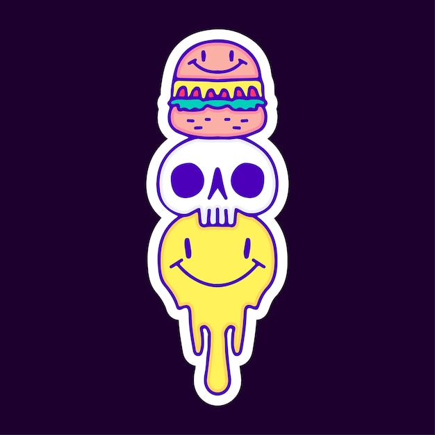 Burger, skull, and melted smile emoji cartoon, illustration for t-shirt, sticker.