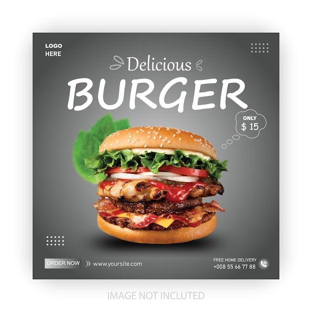 Burger social media post for restaurant and Delicious burger web banner template