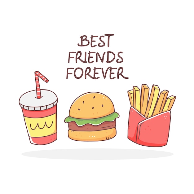 Burger soda and French fries with the text best friends forever Fast food in cartoon doodle style