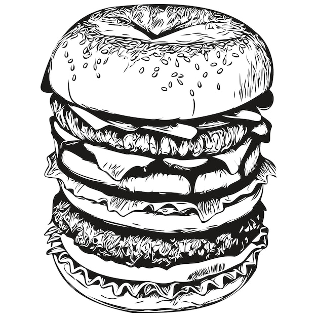 Burger vector illustration line art drawing black and white hamburger