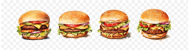 Burger watercolor vector element set transparent isolated generative ai