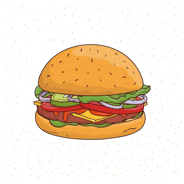 Burger with cheese, cucumber, cutlet, lettuce, onion, sauce, tomato, beef and salad. Colorful hand drawn illustration on white background.