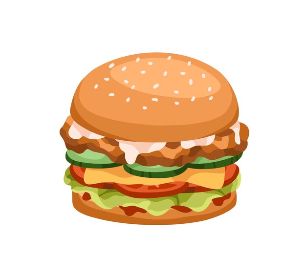 Vector burger with chicken cutlet vegetables and cheese filling american fast food sandwich with meat bacon cheddar lettuce snack between buns flat vector illustration isolated on white background