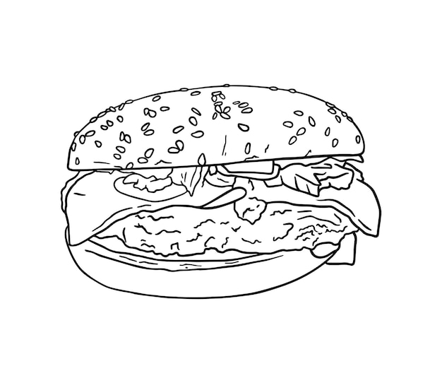 Burger with cutlet cheese lettuce leaf tomatoes cucumbers sauce bun with sesame junk food fast food doodle linear cartoon coloring