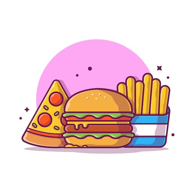 Burger With French Fries And Pizza   Icon Illustration. Fast Food Icon Concept Isolated  . Flat Cartoon Style