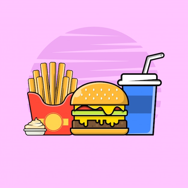 Burger with french fries and soda icon illustration.