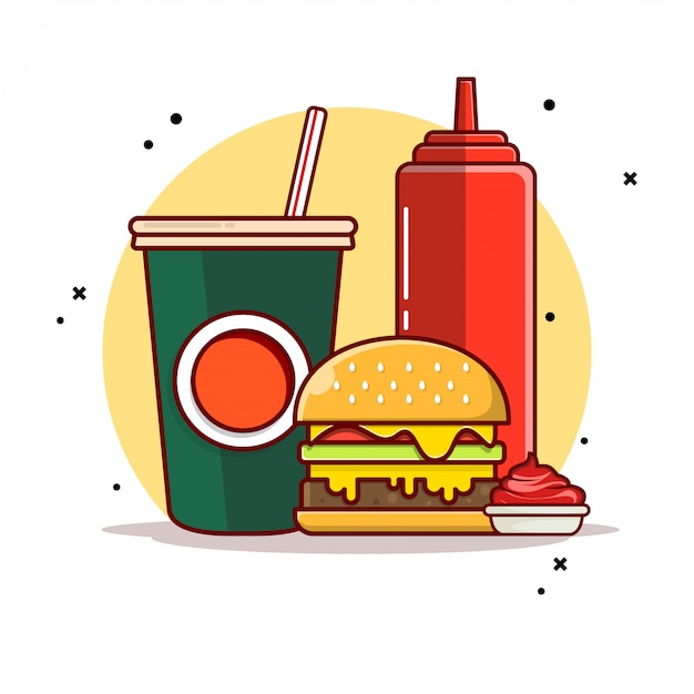 Burger with soda and sauce icon illustration.