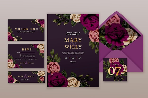 Burgundy and golden wedding stationery