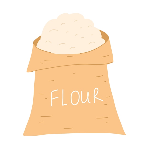 Burlap bag of flour in cartoon flat style Vector illustration of sack with wheat farming food element