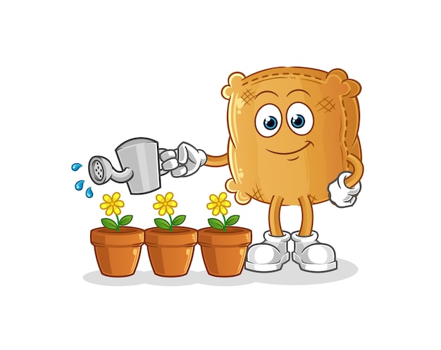 Burlap sack watering the flowers mascot. cartoon vector