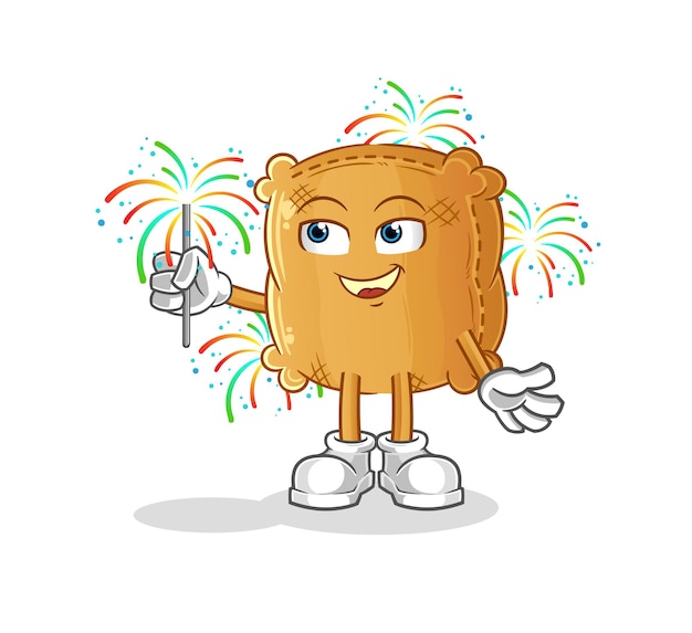 Burlap sack with fireworks mascot. cartoon vector