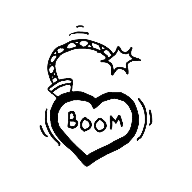 A burning bomb with a heart Valentine39s day concept Linear doodle style Vector on isolated white background For printing