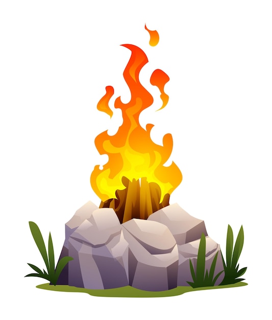 Burning bonfire with wood and stones in cartoon style