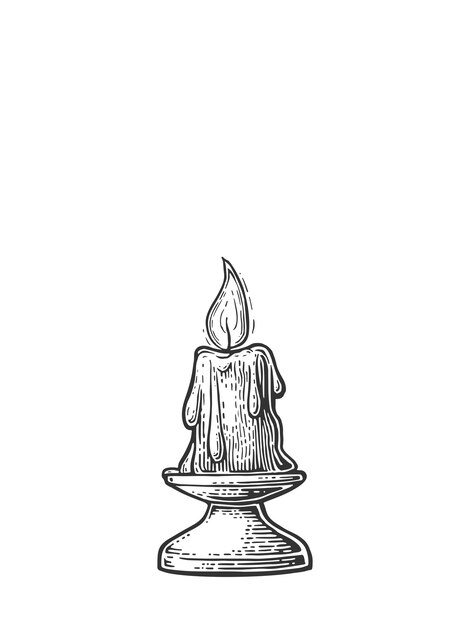 Burning candle with holder and fire flame Isolated on white background Vintage vector engraving illustration for celebration poster web