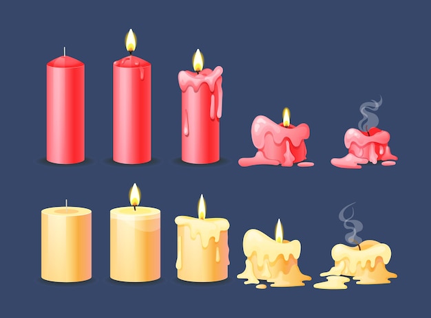 Burning candles flame set Cartoon burning yellow and red wax candles on the different stages