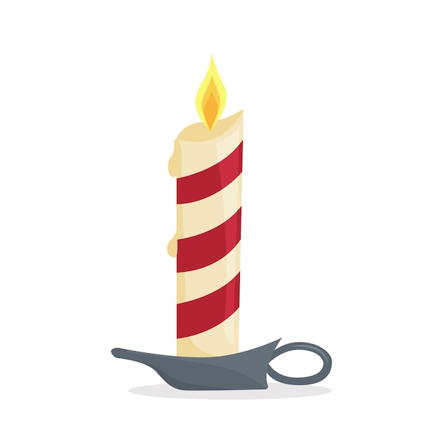 Burning Christmas candle with candlestick holder Flat vector illustration