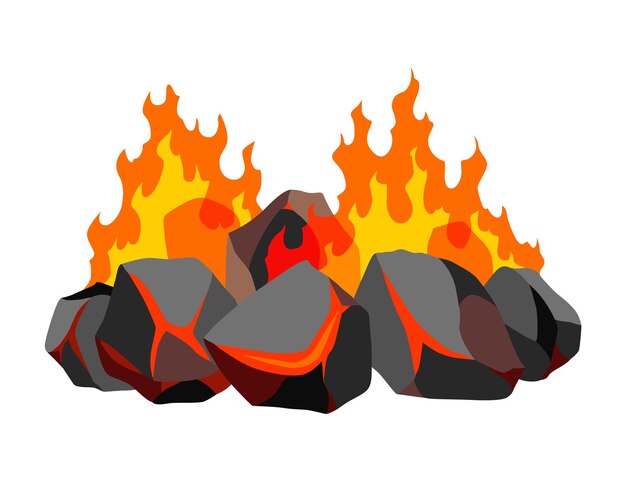 Vector burning coal realistic bright flame fire on coals heap closeup vector illustration for grill blaze fireplace hot carbon or glowing charcoal image