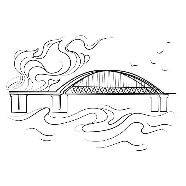 Burning Crimean bridge Liner sektch vector isolated illustration.Kerch Crimean bridge on fire