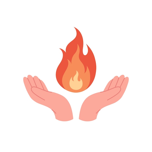 Burning fire in hands Person holding hot glowing flame Vector illustration