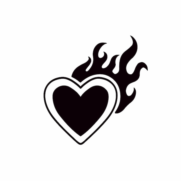 Burning Heart Icon Logo Design Black and White Stencil Tattoo Flat Vector Illustration