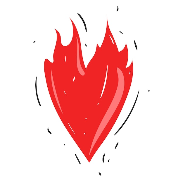 Vector burning red heart fire flaming shape of heart cartoon vector illustration